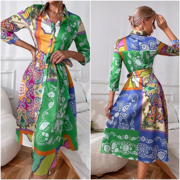 Boho Paisley Print Button up Satin Dress - Picture 4 of 4